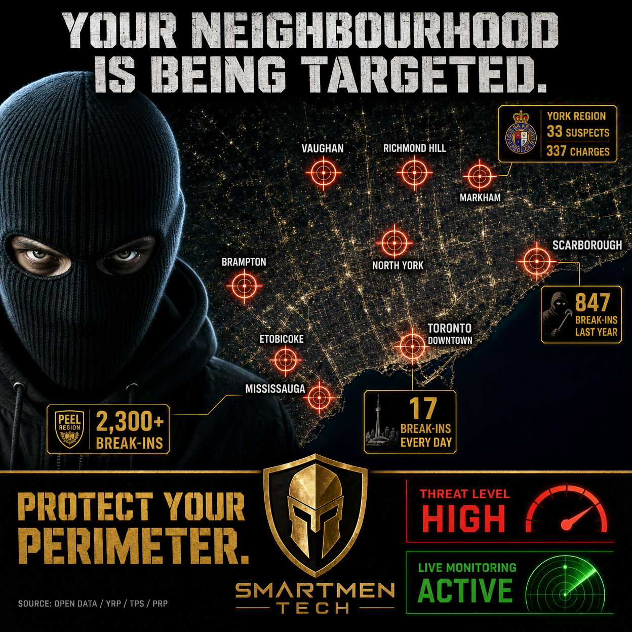 GTA neighbourhood threat map showing break-in hotspots in Toronto, Mississauga, Brampton, Vaughan, Markham, Richmond Hill, Scarborough and Etobicoke